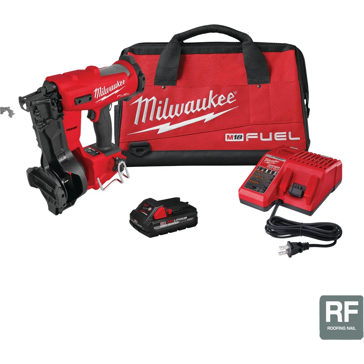 Green Milwaukee M18 FUEL Brushless Cordless Coil Roofing Nailer Kit with 3.0 Ah Battery Charger Outstanding