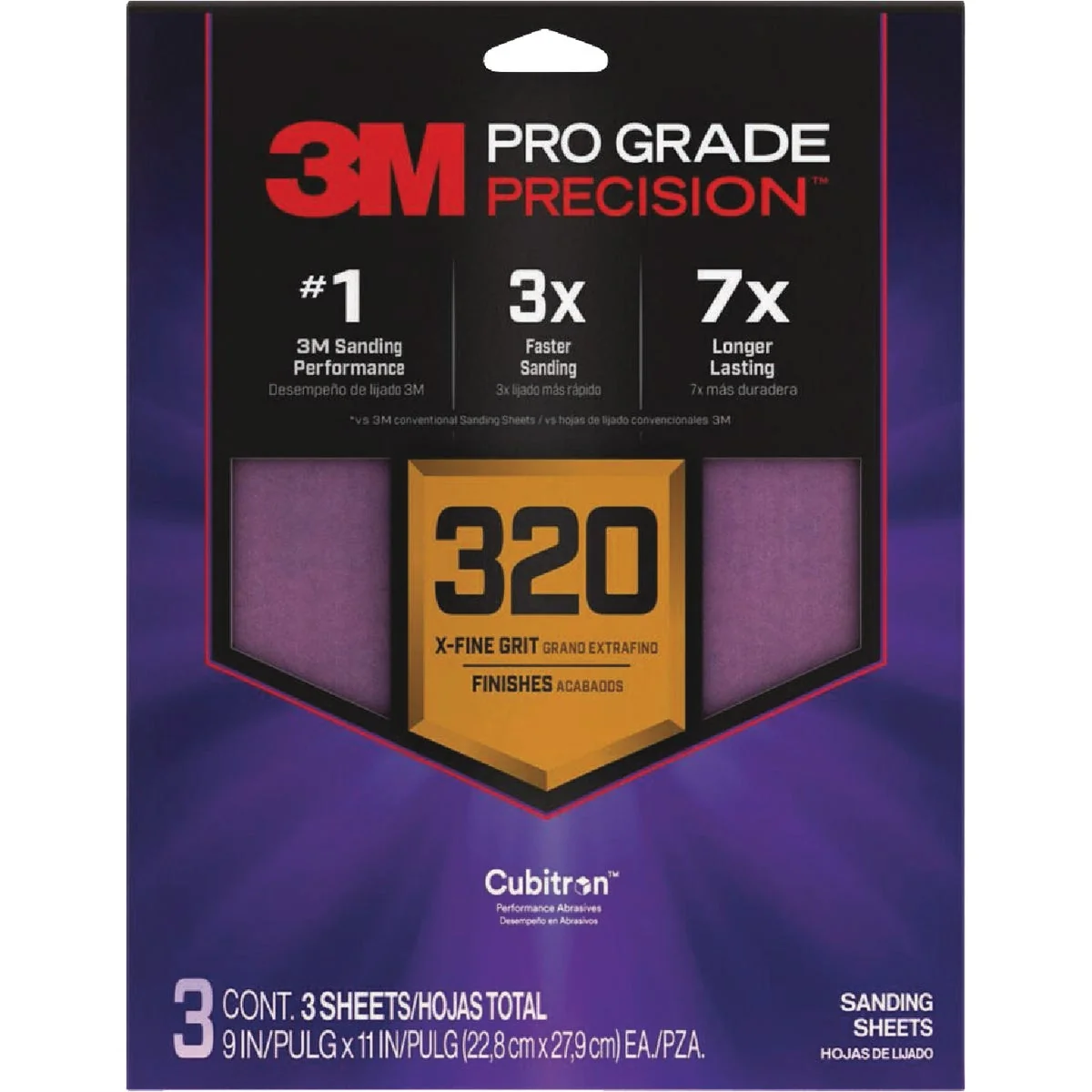 Refined 3M Pro Grade Precision 9 In. x 11 In. 320 Grit Sandpaper Sheet with No-Slip Grip Backing 3-Pack Enhanced
