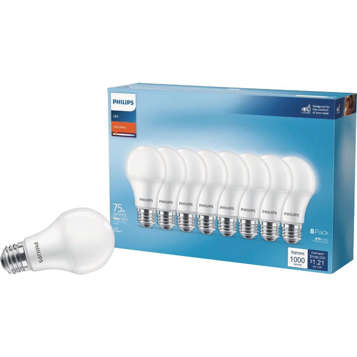 Elite Philips 75W Equivalent Soft White A19 Medium LED Light Bulb 8-Pack Relaxed