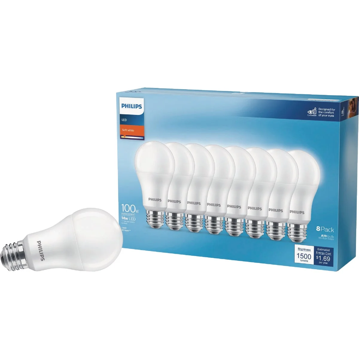 Solid Philips 100W Equivalent Soft White A19 Medium LED Light Bulb 8-Pack Refined