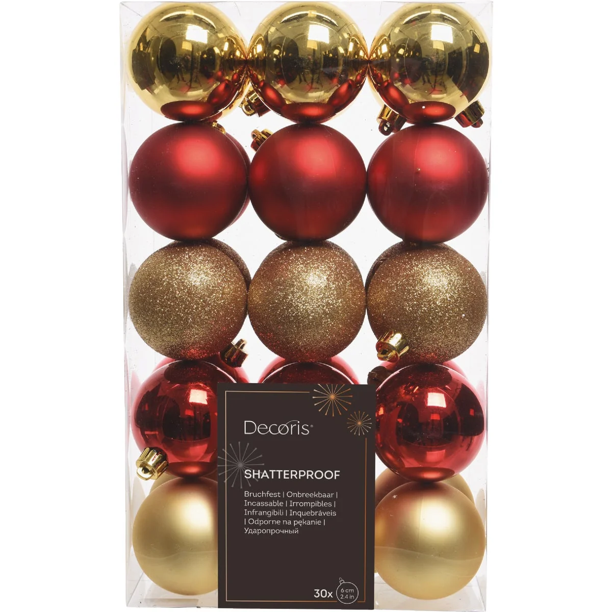 Premium Decoris 2.4 In. Shatterproof Red Gold Bauble Christmas Ornament 30-Pack Breathable