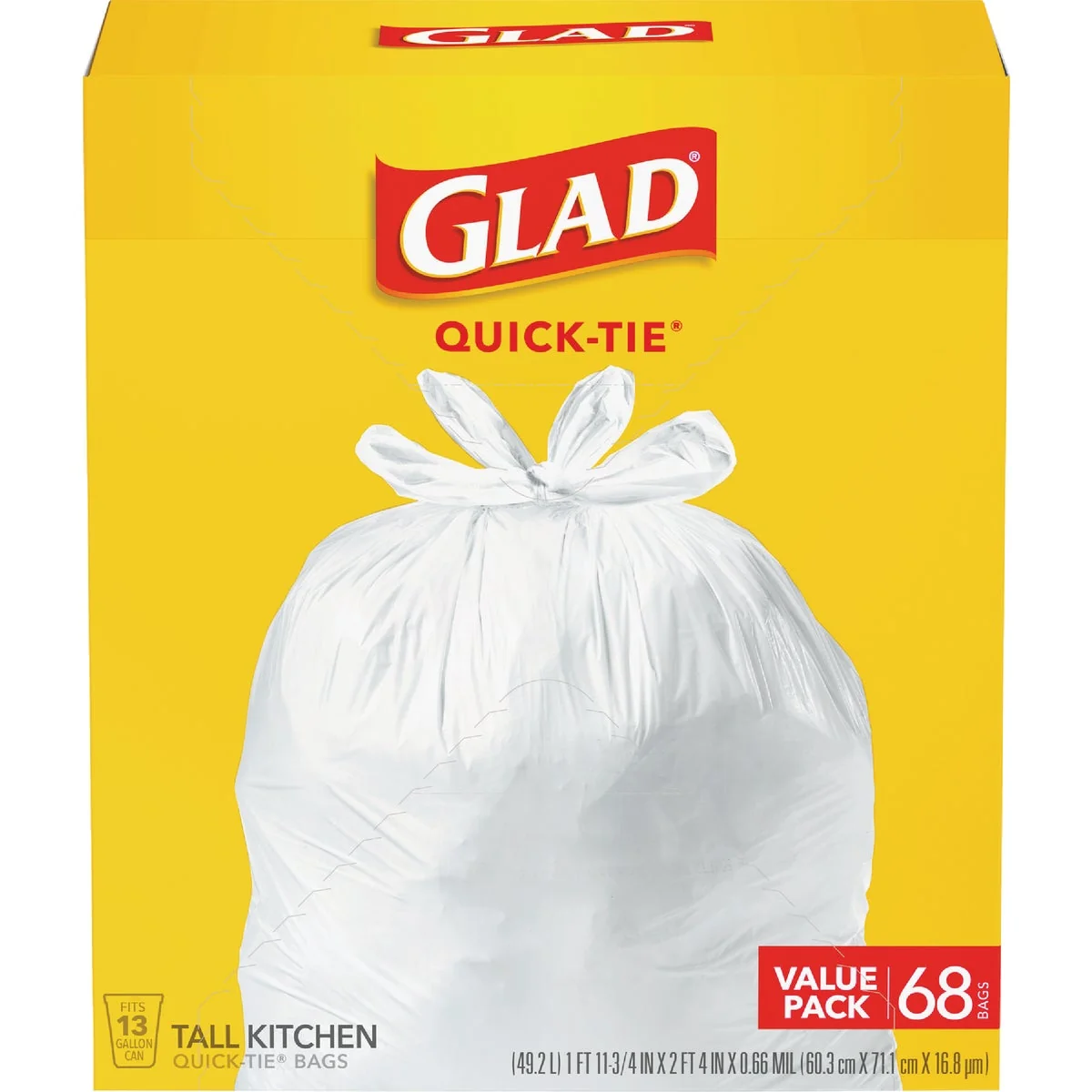 Quality Glad Quick-Tie 13 Gal. Tall Kitchen Trash Bags 68-Count Minimalist