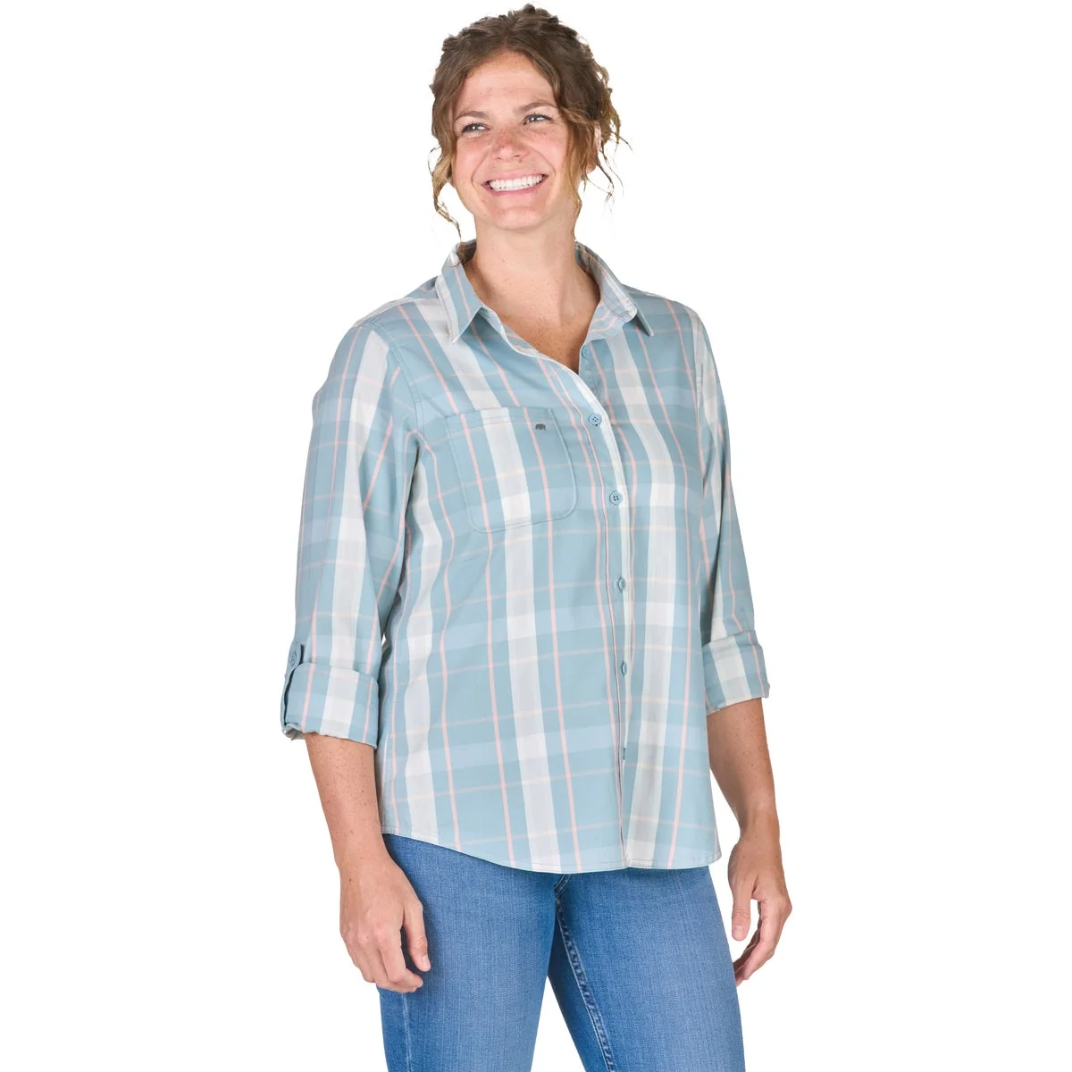 Carefully Designed Berne Flex180 Women's Small Plaid Eggshell Blue UPF Button Down Long Sleeve Shirt Crafted