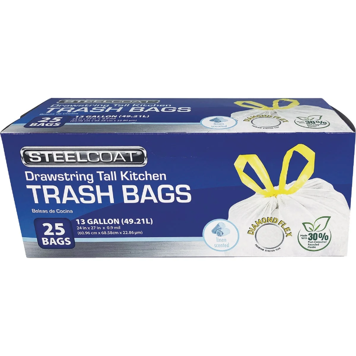 Safe Steelcoat Diamond Flex 13 Gal. Fresh Linen Tall Kitchen White Drawstring Trash Bag 25-Count Versatile