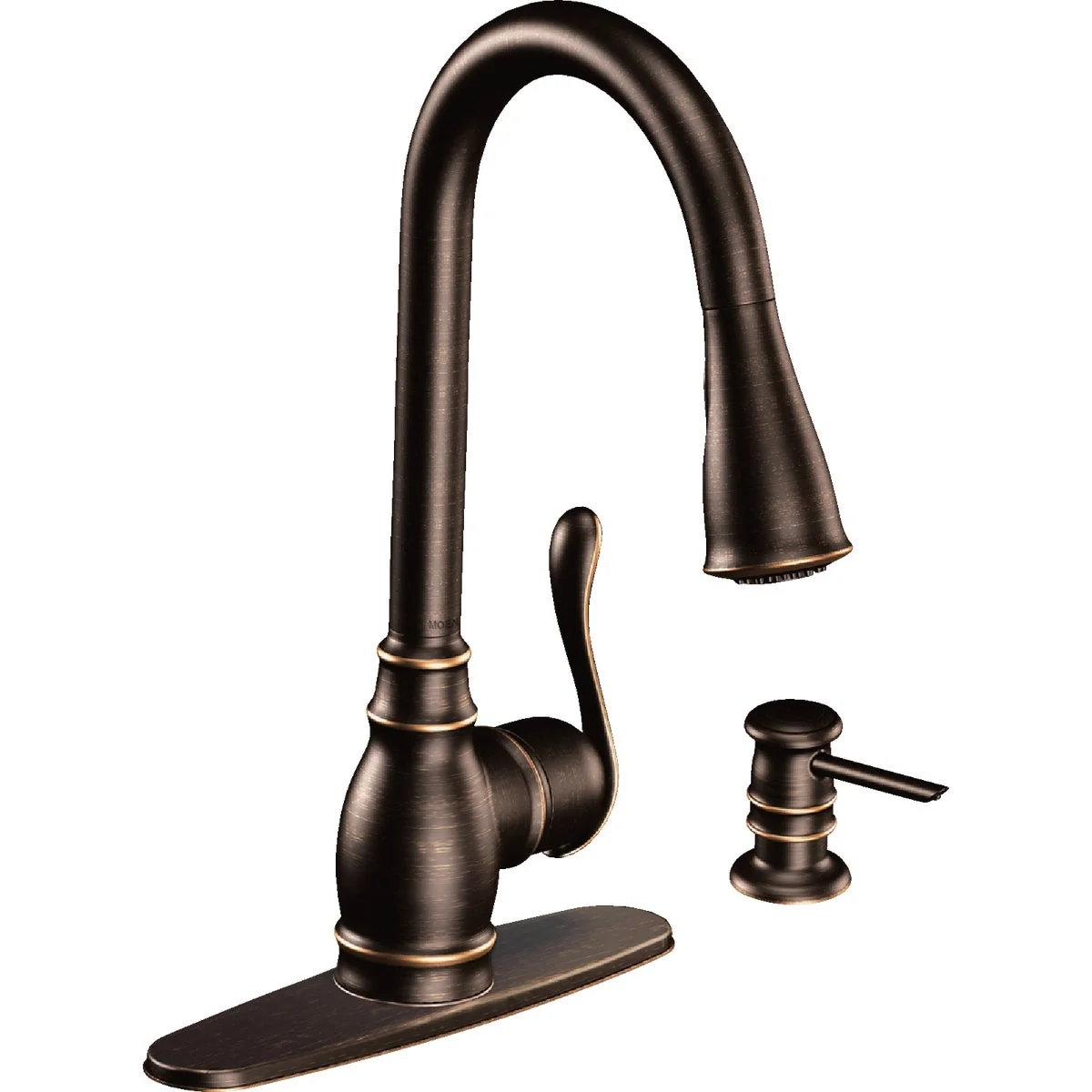 Fashionable Moen Anabelle 1-Handle Lever Pull-Down Kitchen Faucet with Soap Dispenser Mediterranean Bronze Fine