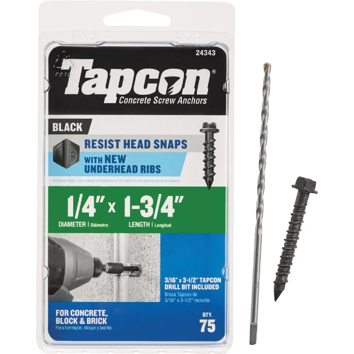 High-Quality Tapcon 1 4 In. x 1-3 4 In. Black Hex Washer Concrete Screw Anchor 75 Ct. Advanced
