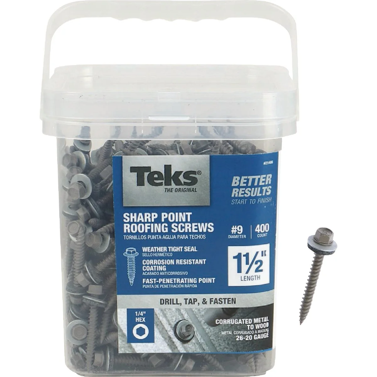 Long-Lasting Teks 9 x 1-1 2 In. Hex Washer Head Sharp Point Metal to Wood Roofing Screw 400 Ct. Detailed