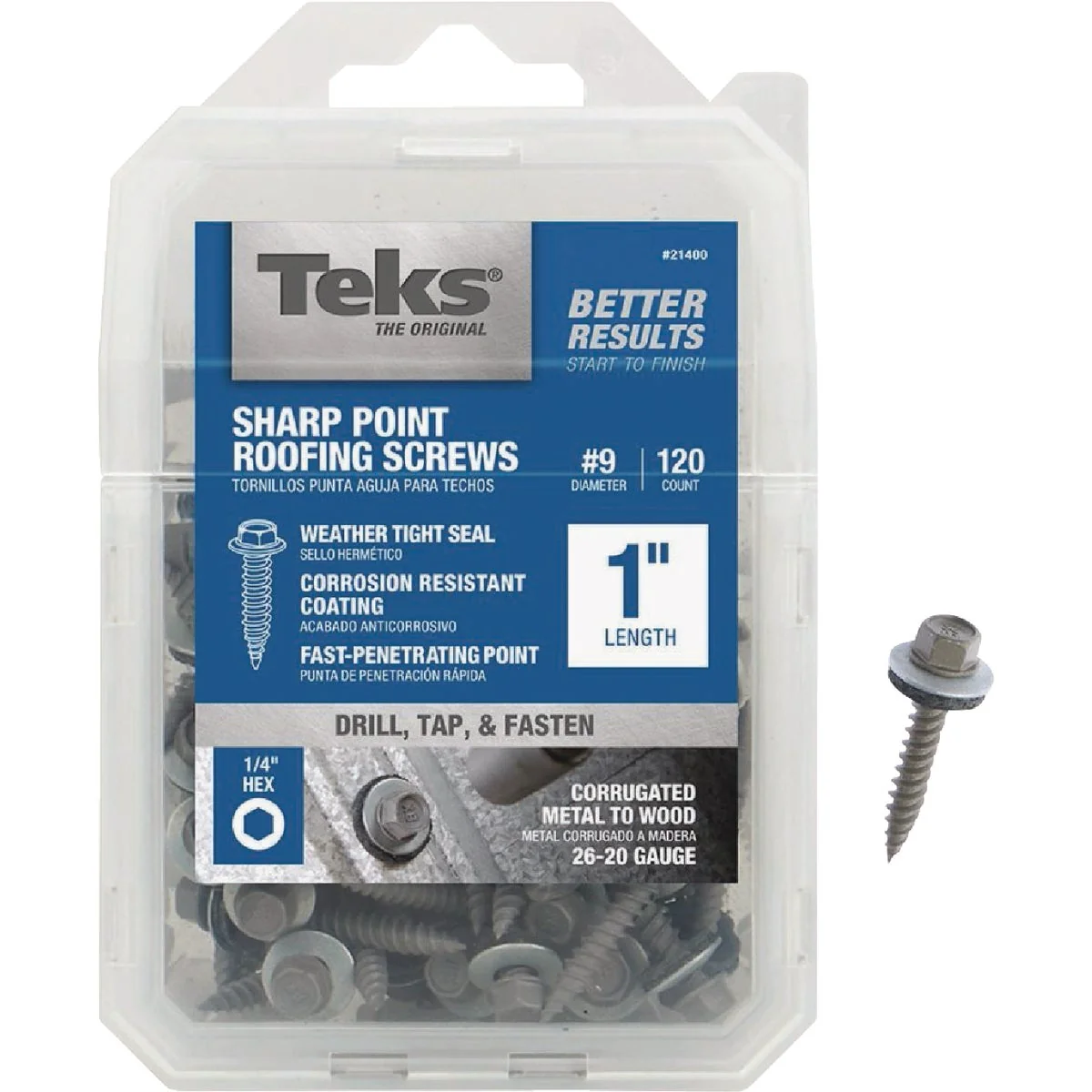 Stylish Teks 9 x 1 In. Hex Washer Head Sharp Point Metal to Wood Roofing Screw 120 Ct. Powerful