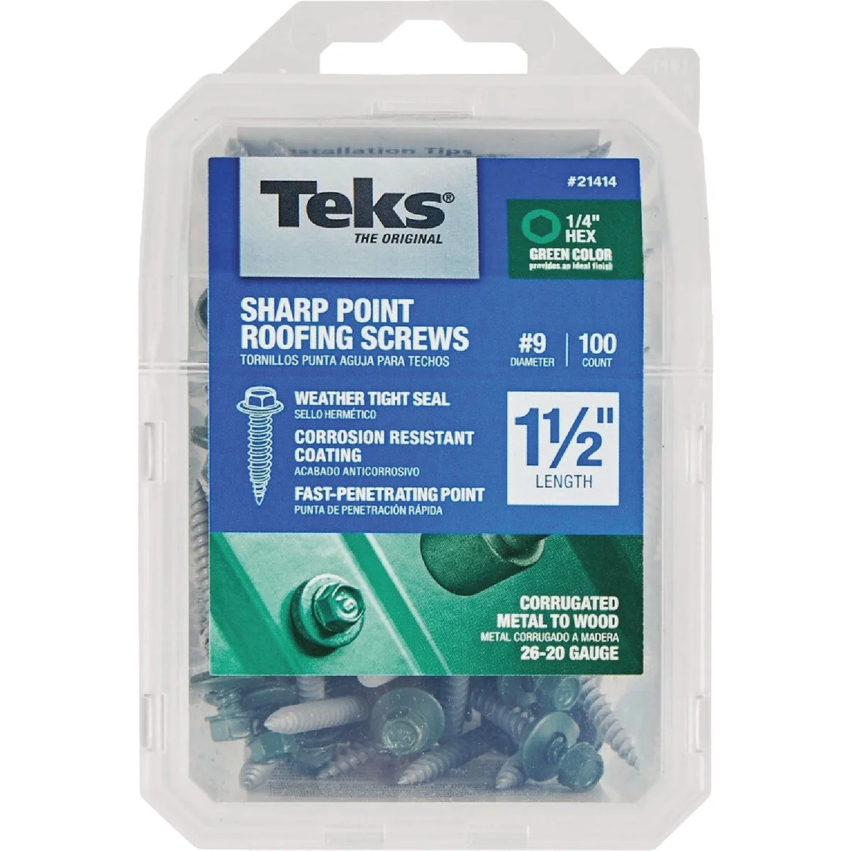 Environmentally Friendly Teks 9 x 1-1 2 In. Hex Washer Head Sharp Point Metal to Wood Green Roofing Screw 100 Ct. Top-Quality