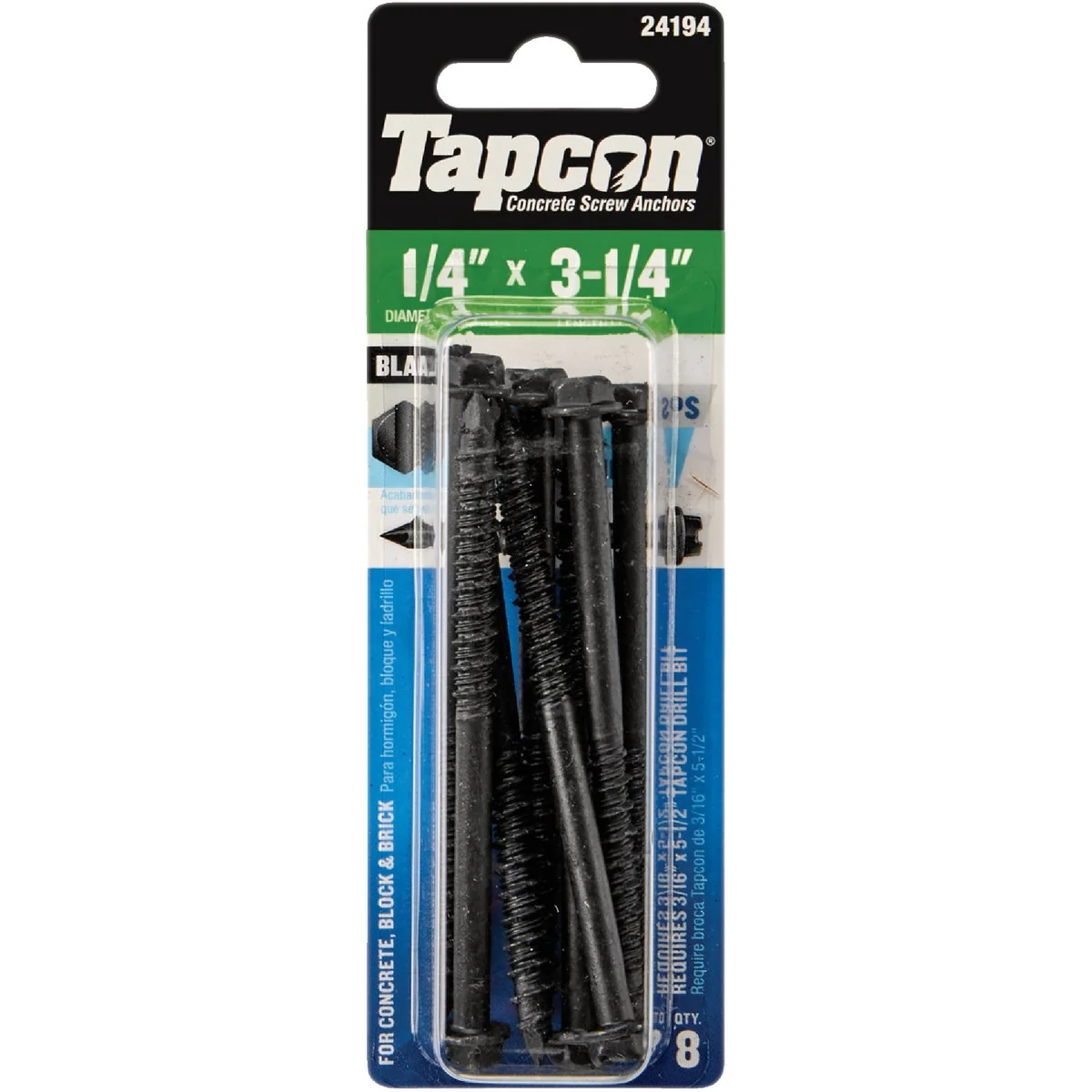 Soft Tapcon 1 4 In. x 3-1 4 In. Black Hex Washer Head Concrete Screw Anchors 8 Ct. Easy-to-Use