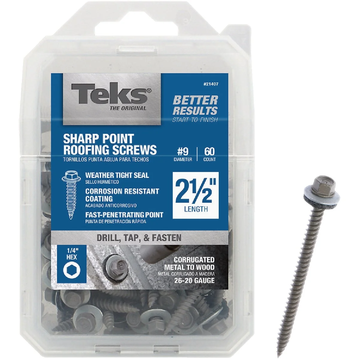 Elegant Teks 9 x 2-1 2 In. Hex Washer Head Sharp Point Metal to Wood Roofing Screw 60 Ct. Durable