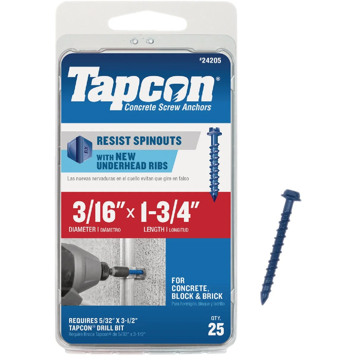 Efficient Tapcon 3 16 In. x 1-3 4 In. Hex Washer Head Concrete Screw Anchors 25 Ct. Natural