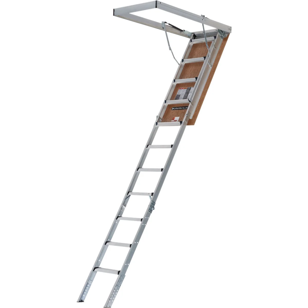 Professional Louisville Ladder Elite 7 Ft. 8 In. to 10 Ft. 3 In. 25.5 In. x 54 In. Fire Treated Door Aluminum Attic Stairs 375 Lb. Load Exceptional