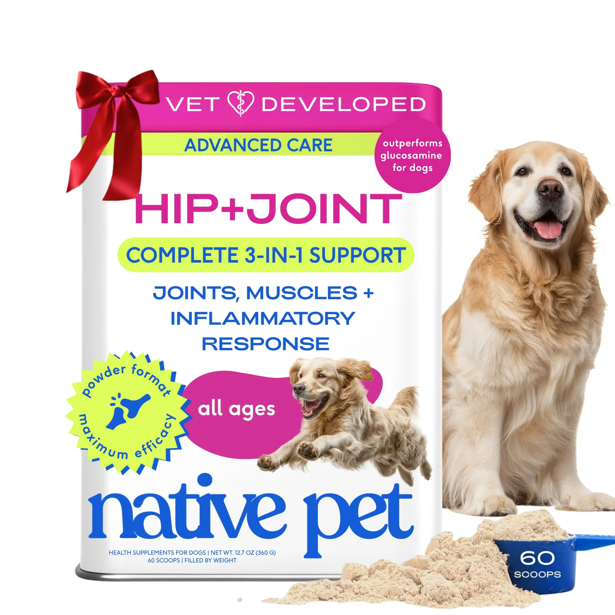 Premium Native Pet Advanced Care Hip Joint for Dogs – HMB UC-II Green Lipped Mussel HA 60 Scoops Easy-to-Use