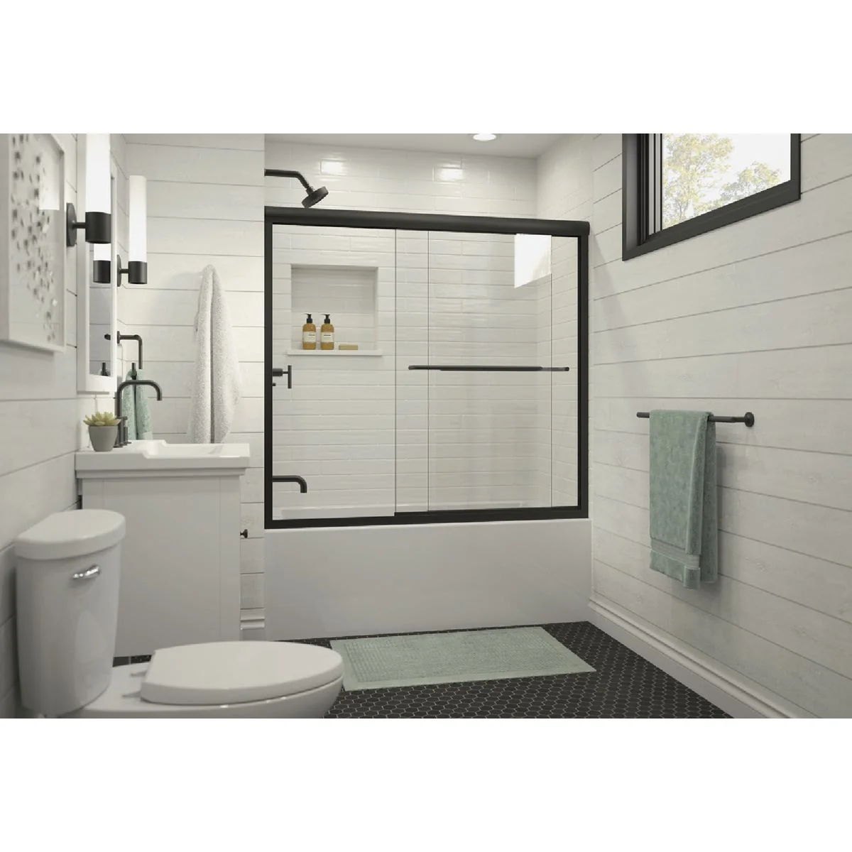 Clean Sterling Finesse 59-5 8 In. W x 55-3 4 In. H Matte Black Frameless Clear Glass Sliding Tub Door Elite