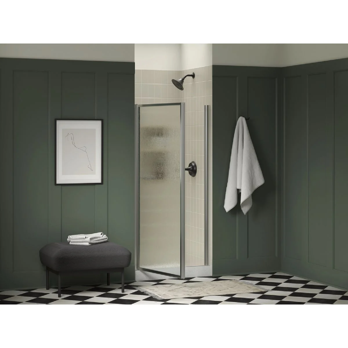 Expertly Made Sterling 32-3 4 In. - 34-1 4 In. W x 65 In. H Silver Standard Rain Textured Glass Pivot Shower Door Organic