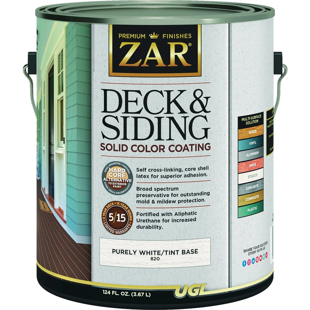 Environmentally Friendly ZAR Solid Deck Siding Coating Purely White Light Tint Base 1 Gal. Professional