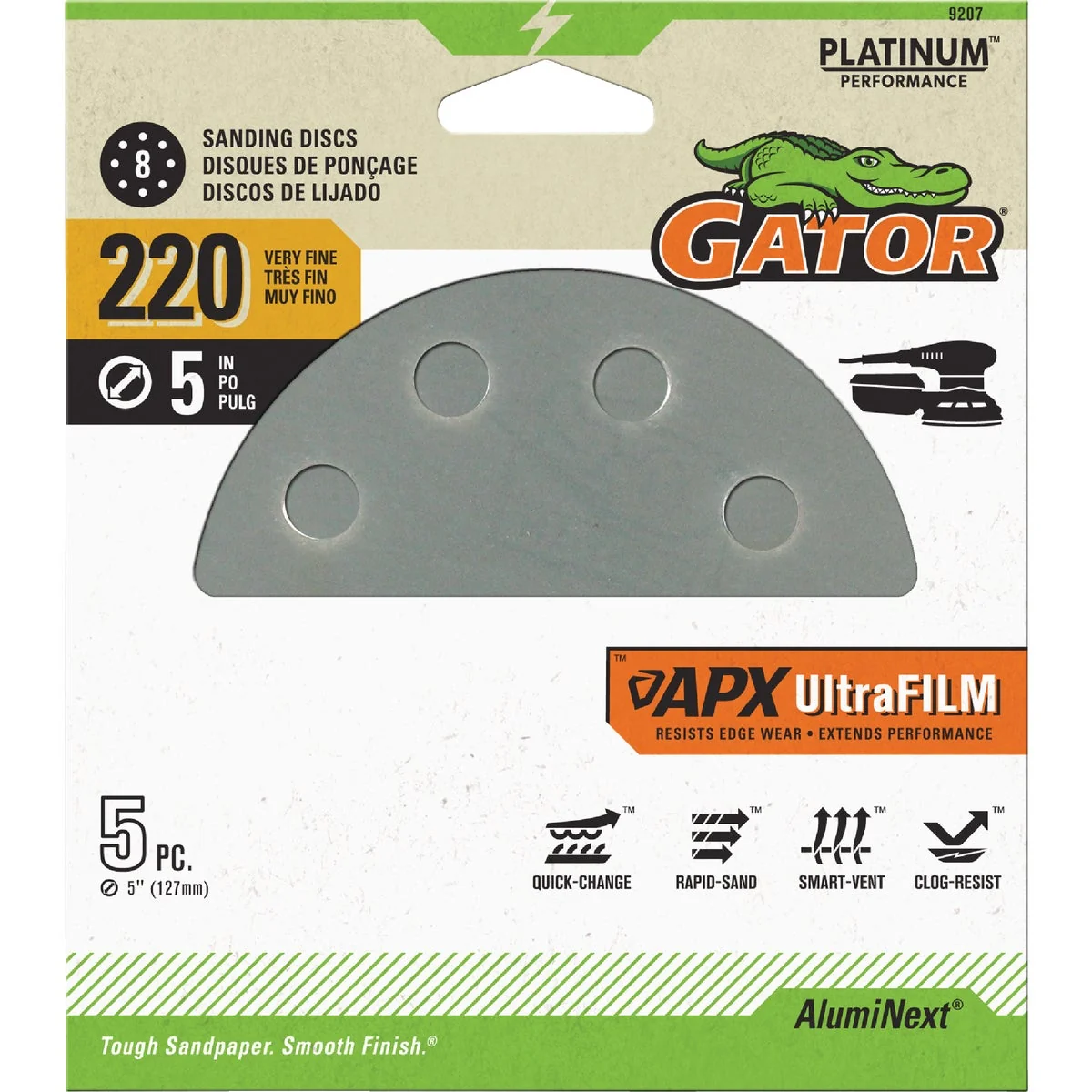 Dependable Gator Blade 5 In. 220-Grit 8-Hole Pattern Vented Sanding Disc with Hook Loop Backing 5-Pack Classic