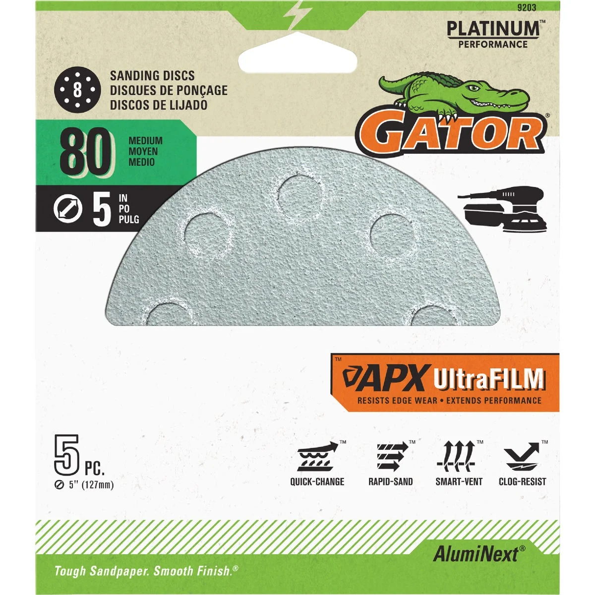 Organic Gator Blade 5 In. 80-Grit 8-Hole Pattern Vented Sanding Disc with Hook Loop Backing 5-Pack Flexible