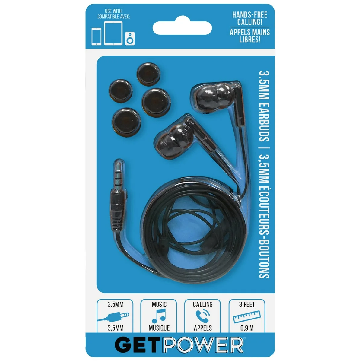 Durable GetPower 3.5mm Black Music Calling Earbuds Organic
