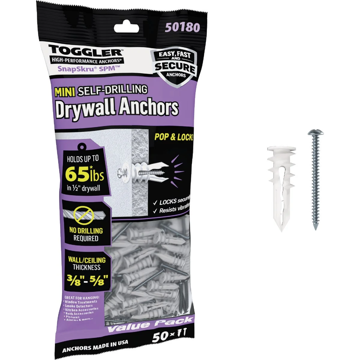 Organic Toggler SnapSkru 6 x 1-1 4 In. 65 Lb. Nylon Self-Drilling Mini Drywall Anchor 50 Ct. Natural