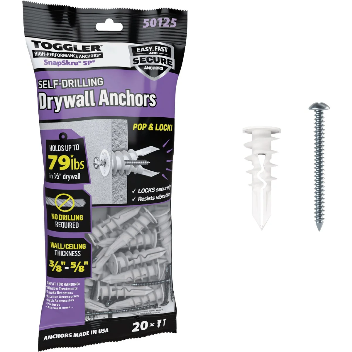 Genuine Toggler SnapSkru 8 x 1-1 2 In. 79 Lb. Nylon Self-Drilling Drywall Anchor 20 Ct. Elite