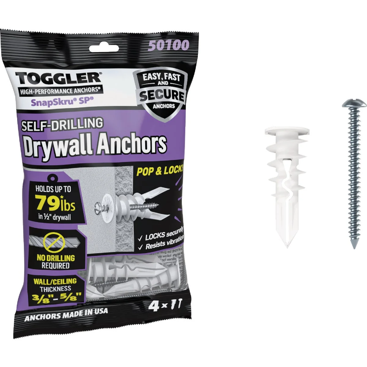 Secure Toggler SnapSkru 8 x 1-1 2 In. 79 Lb. Nylon Self-Drilling Drywall Anchor 4 Ct. Genuine
