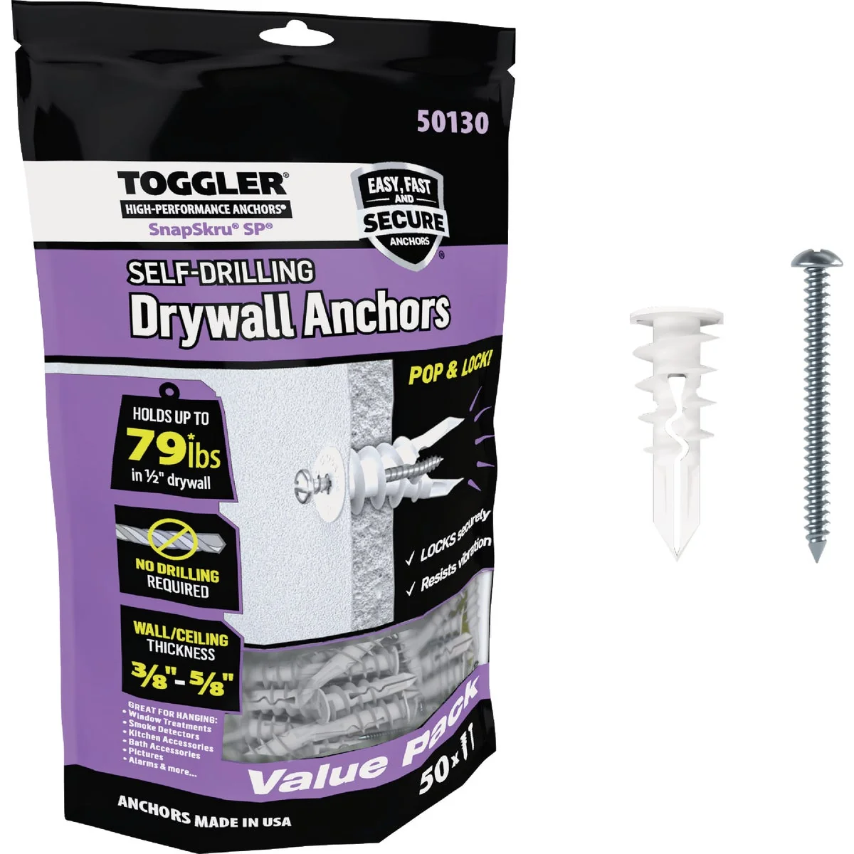 Trusted Toggler SnapSkru 8 x 1-1 2 In. 79 Lb. Nylon Self-Drilling Drywall Anchor 50 Ct. Certified