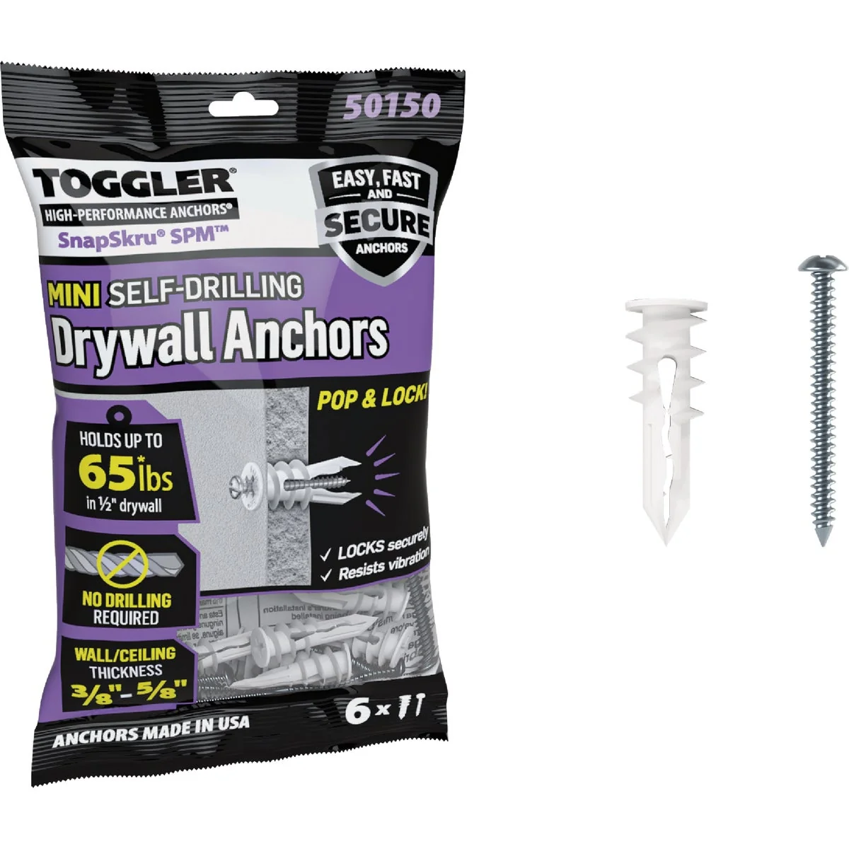 High-Grade Toggler SnapSkru 6 x 1-1 4 In. 65 Lb. Nylon Self-Drilling Mini Drywall Anchor 65 Ct. Authentic