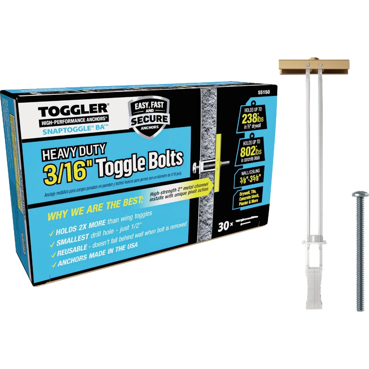 Enhanced Toggler Snaptoggle 3 16 In.-24 x 2 In. Toggle Bolt 30-Ct. Versatile