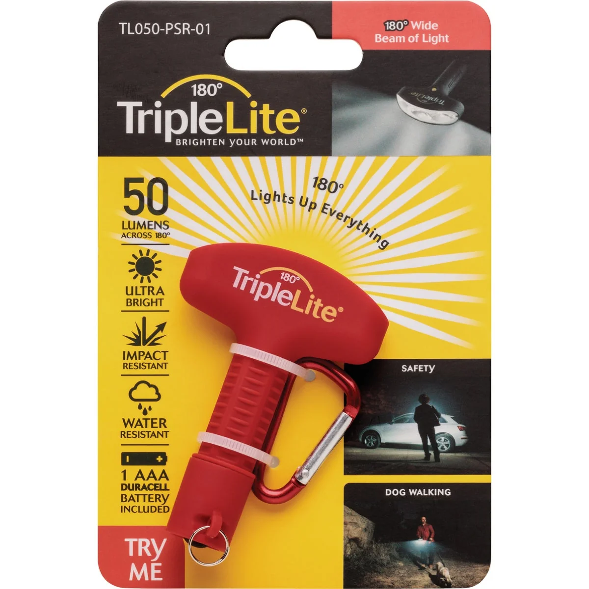Functional TripleLite 50 Lm. Red 180 Deg Mini LED Flashlight with Carabiner Effective