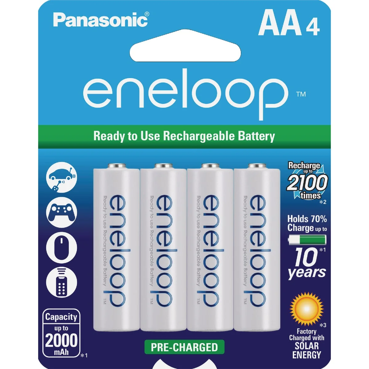Professional Panasonic Eneloop AA Ni-MH Pre-Charged Rechargeable Solar Batteries 4-Pack Authentic