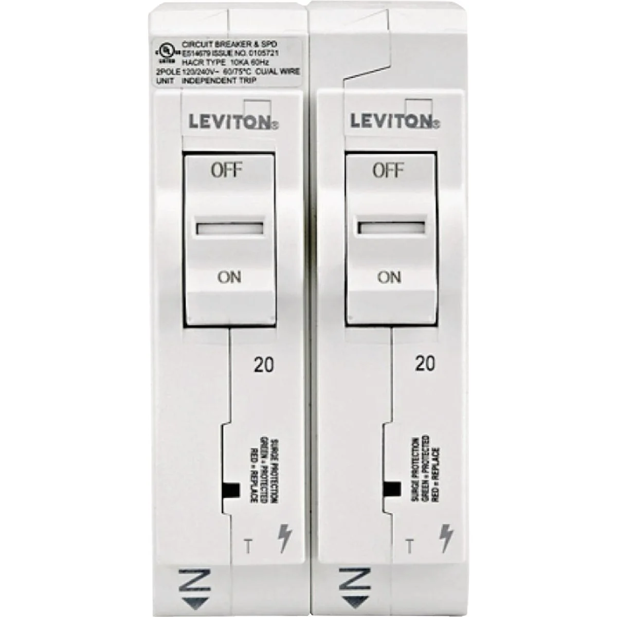 Durable Leviton 2 20A Single-Pole Thermal Magnetic White Plug-On Standard Branch Circuit Breakers Safe