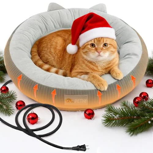 Minimalist PETNF Heated Cat Bed Constant Temperature 100.4-107.6℉ Donut Shape 87-Inch Cord Washable Cover Smooth