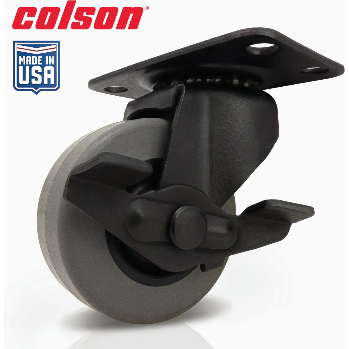 Clean Colson 2 In. Gray TPR Black Swivel Plate Caster with Locking Brake Elite