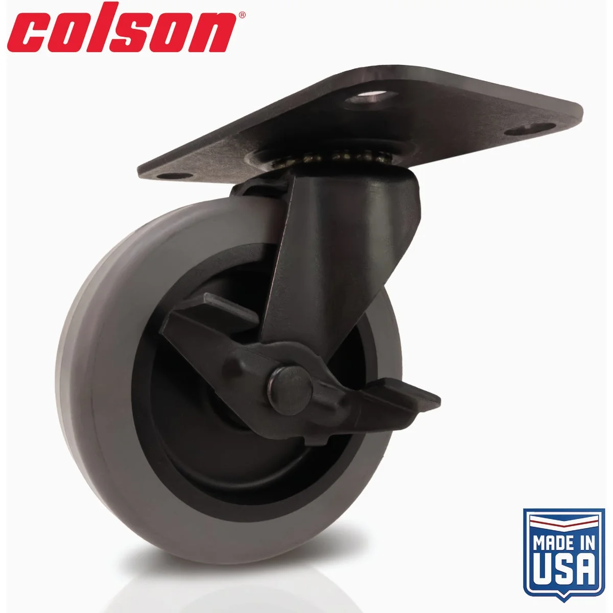 Solid Colson 3 In. Gray TPR Black Swivel Plate Caster with Locking Brake Outstanding