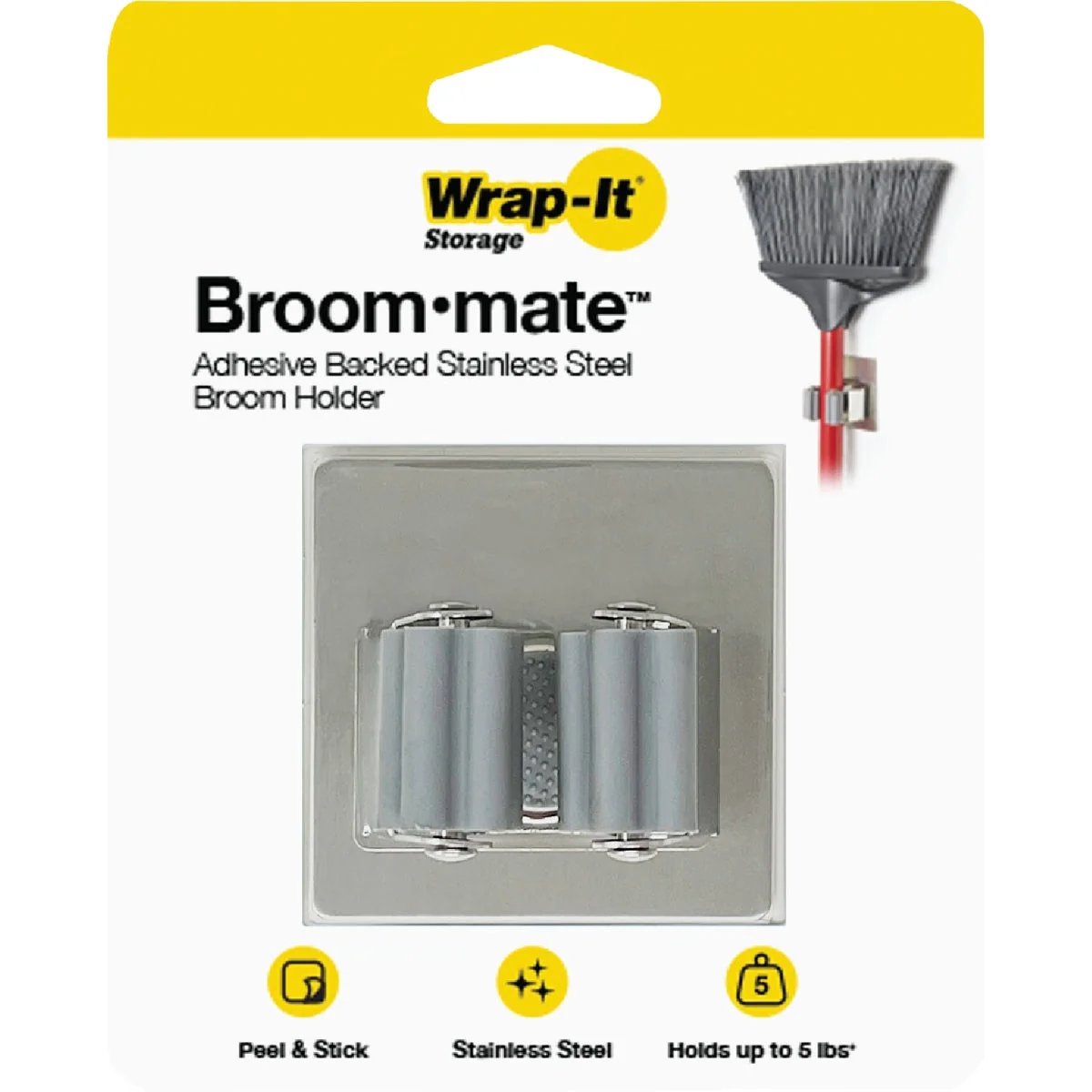 Natural Wrap-It Storage Broom-Mate Stainless Steel Adhesive Broom Holder Hook Innovative