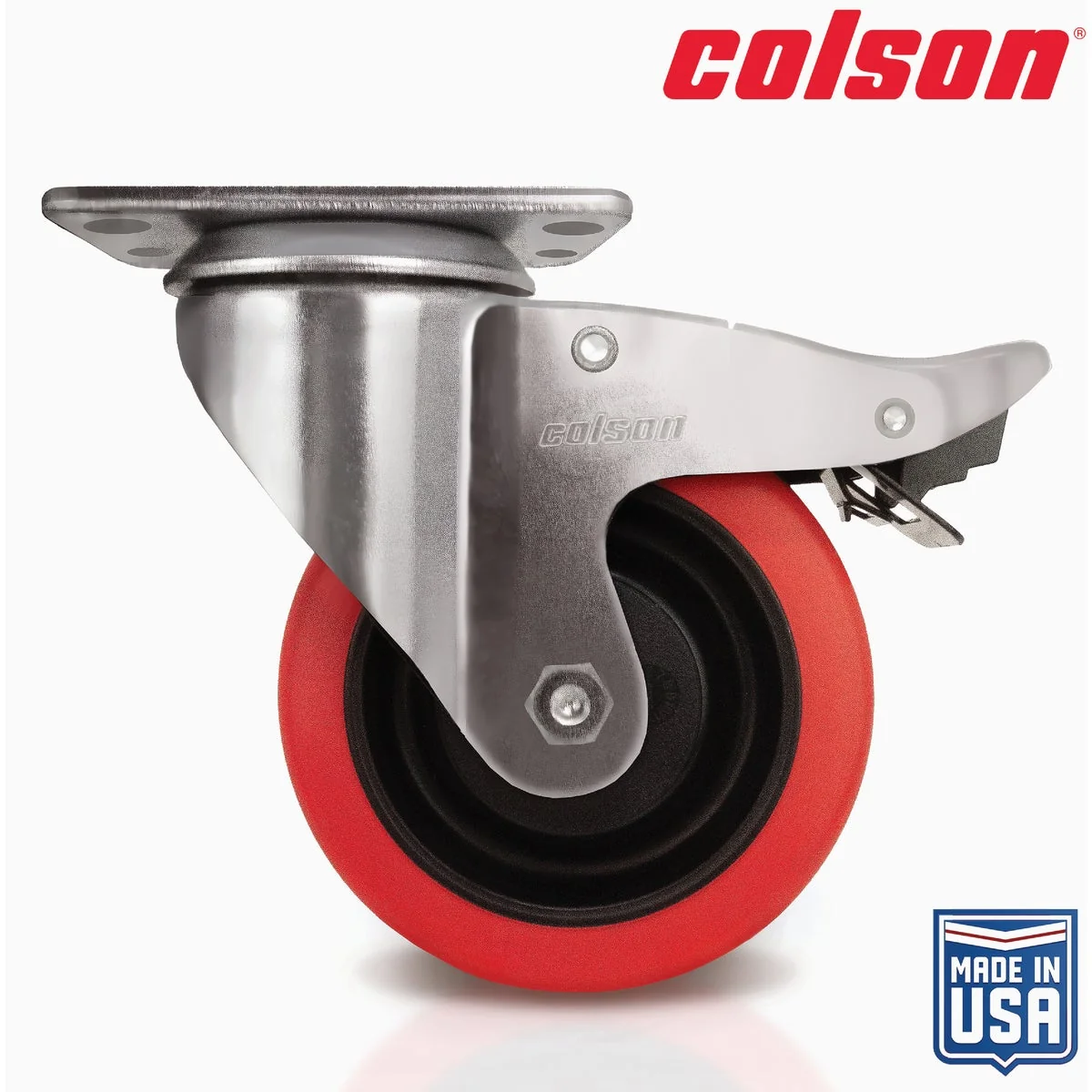 Lightweight Colson 4 In. Red Polyurethane Swivel Plate Caster with Locking Brake Carefully Designed