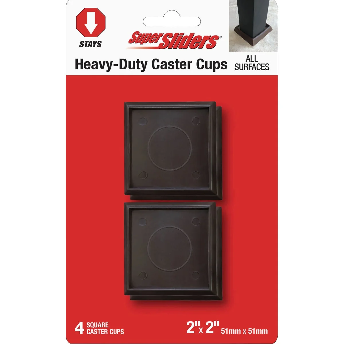 Professional Super Sliders 2 In. Brown Square Furniture Leg Cup 4-Pack Enhanced