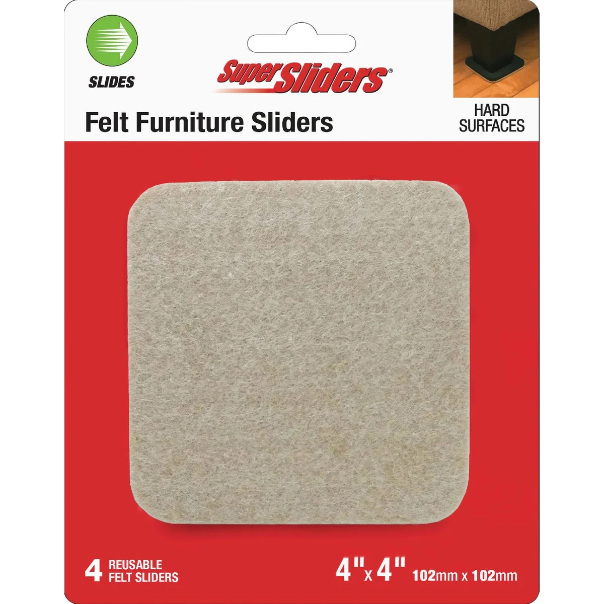 Environmentally Friendly Super Sliders 4 In. Beige Square Felt Furniture Sliders 4-Pack Crafted