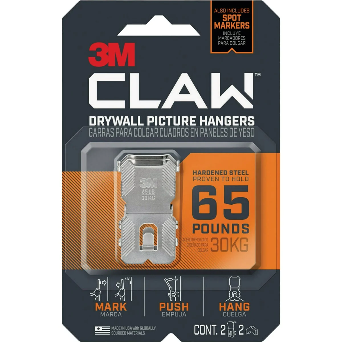 Reusable 3M Claw Drywall Picture Hanger with Temporary Spot Marker Holds 65 Lb. 2 Hangers 2 Markers Easy-to-Use