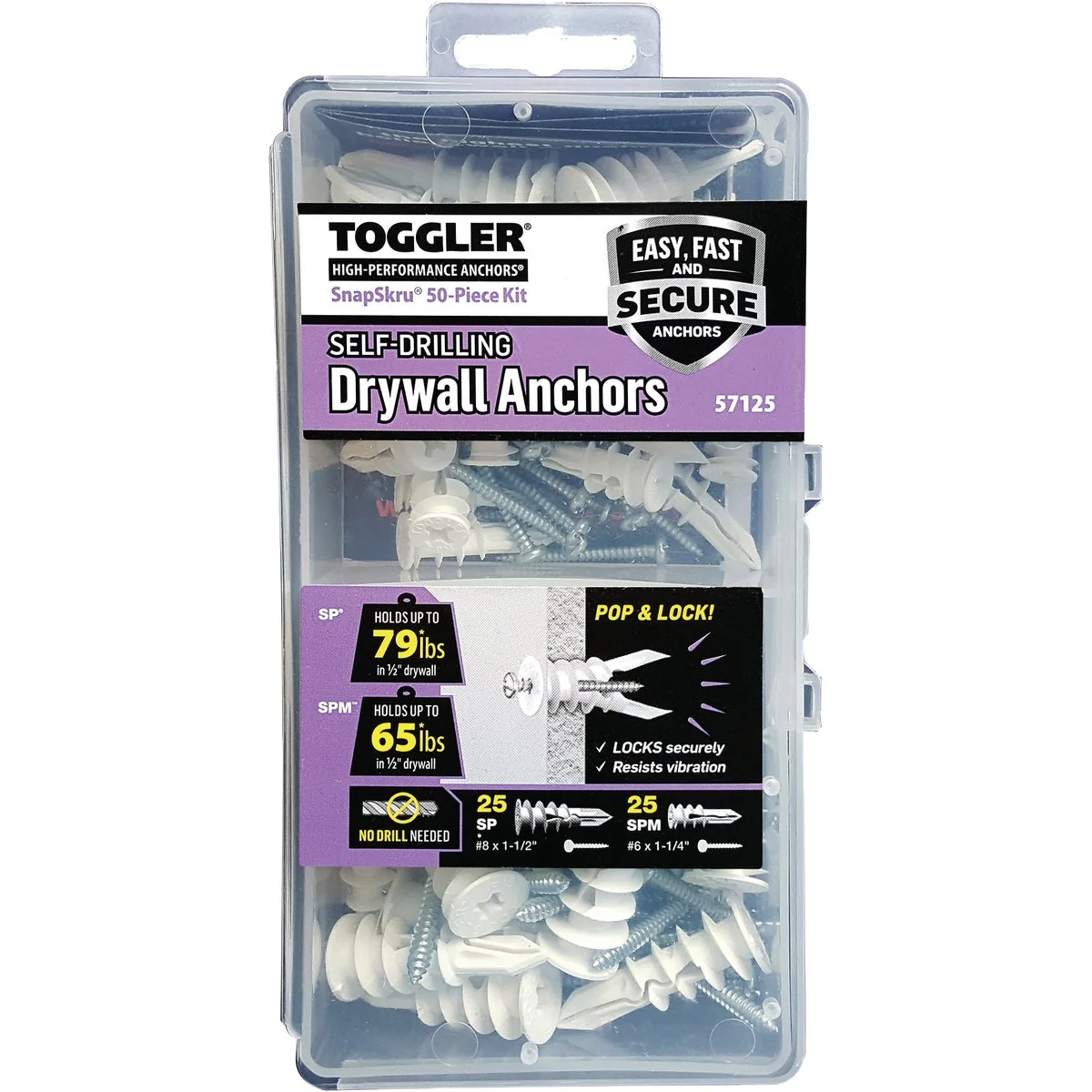 Elite Toggler SnapSkru Nylon Self-Drilling Mini Drywall Anchor Assortment Kit 50-Count Modern