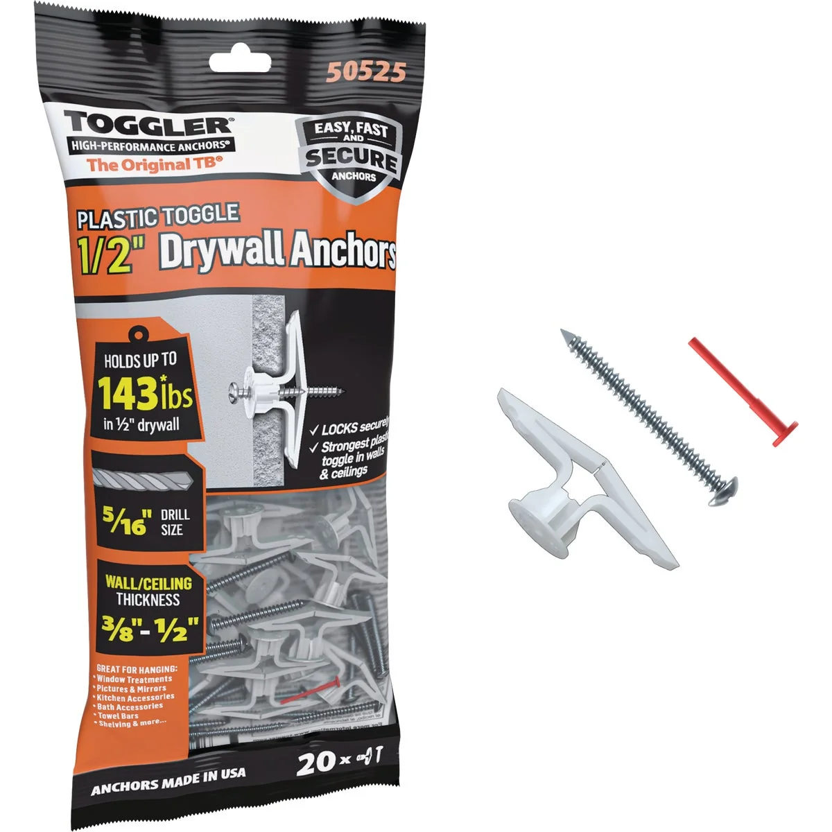 Quality Toggler 8 x 1-1 2 In. Plastic Hollow Wall Anchors 20-Count Artisan