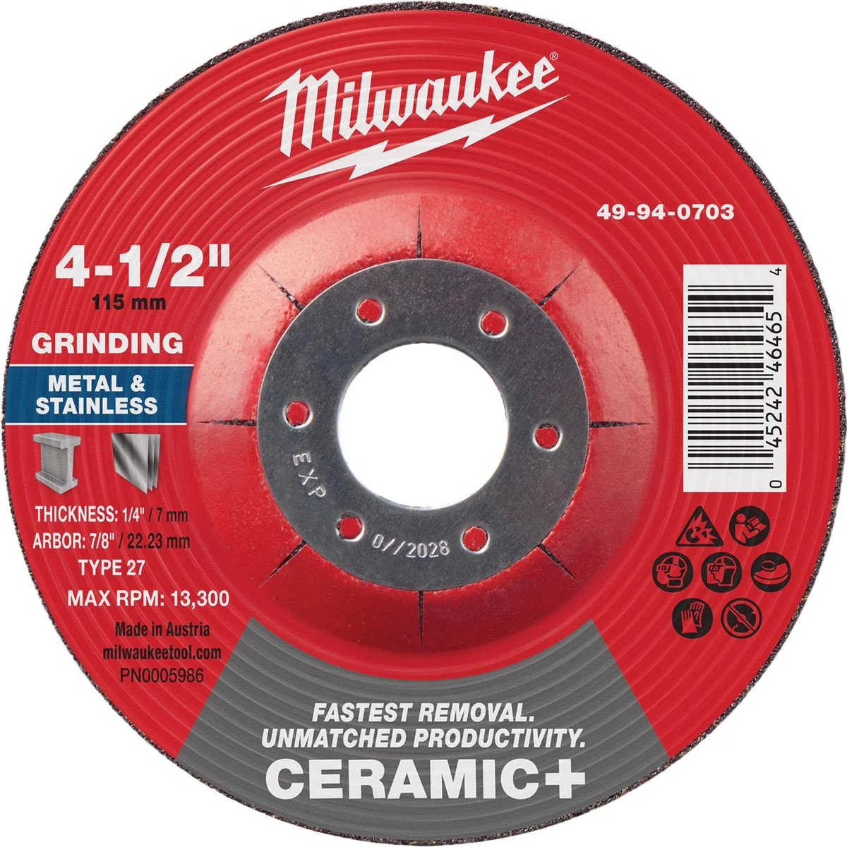 Versatile Milwaukee Type 27 4-1 2 In. x 1 4 In. x 7 8 In. Ceramic-Plus Metal Grinding Cut-Off Wheel Breathable