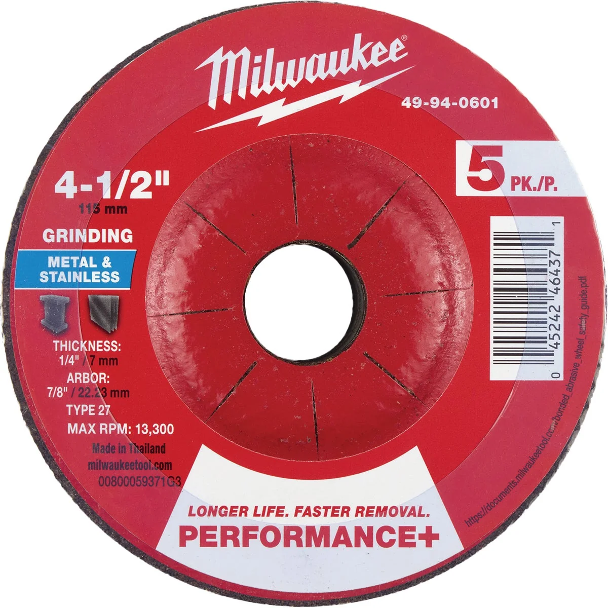 Fine Crafted Milwaukee Type 27 4-1 2 In. x 1 4 In. x 7 8 In. Performance-Plus Metal Grinding Cut-Off Wheel 5-Pack Lightweight