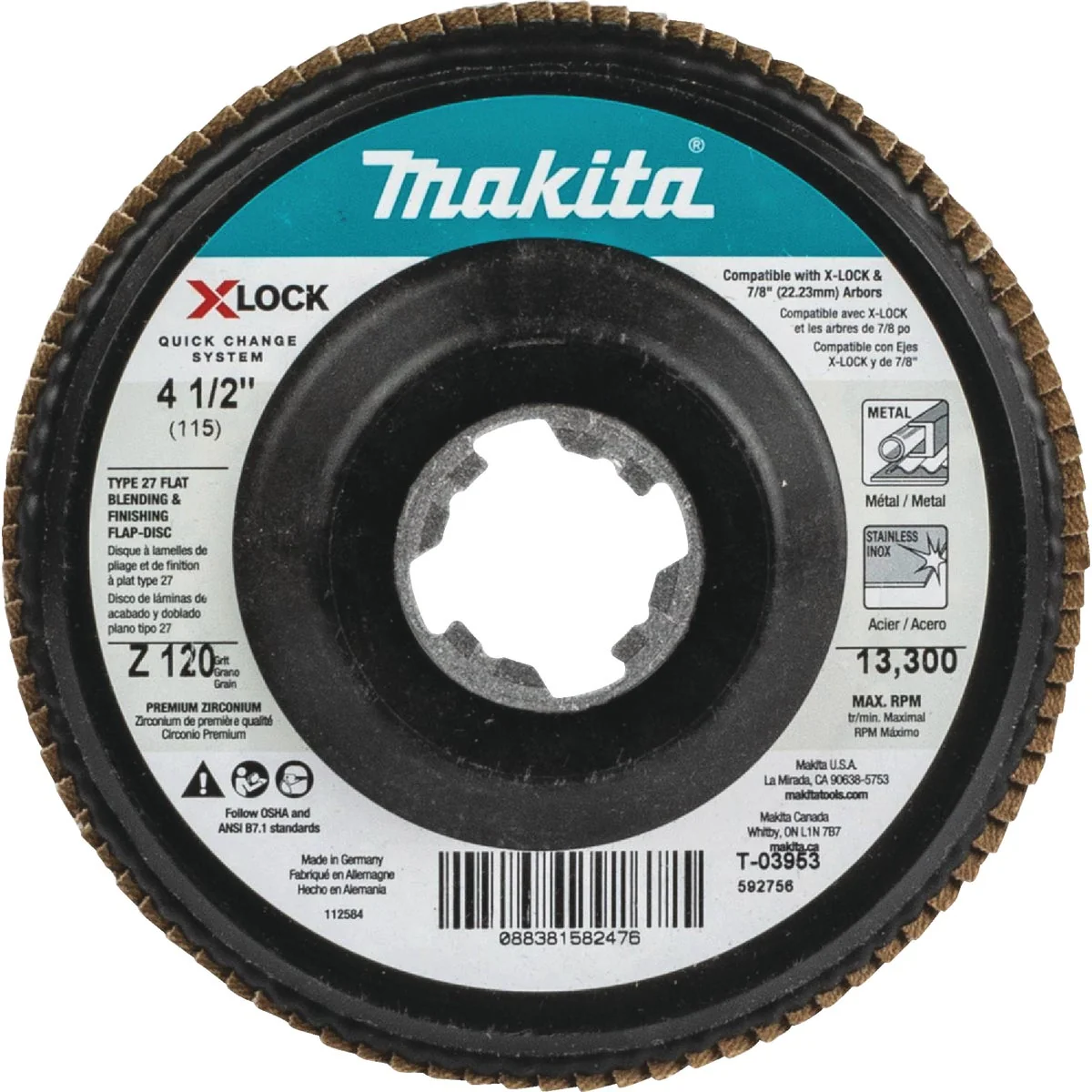 Practical Makita X-LOCK 4-1 2 In. x 7 8 In. 120-Grit Type 27 Zirconia Angle Grinder Flap Disc Original