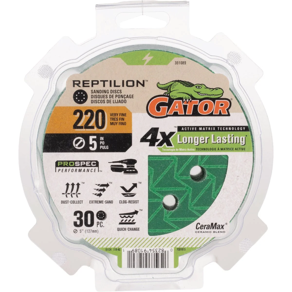 Reusable Gator Reptilian 5 In. 8-Hole 180-Grit Sanding Disc 30-Pack Safe