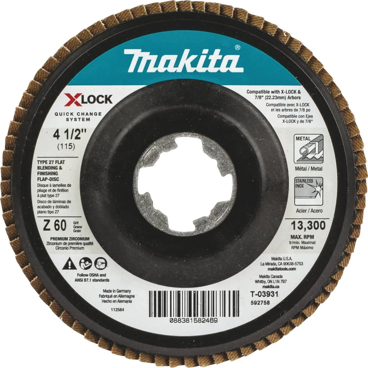 Professional Makita X-LOCK 4-1 2 In. x 7 8 In. 60-Grit Type 27 Zirconia Angle Grinder Flap Disc Easy-to-Use