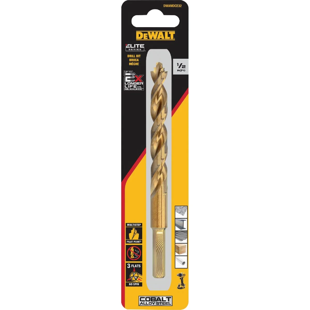 World-Class Dewalt Elite Series 1 2 In. x 6-1 10 In. Cobalt Jobber Length Twist Drill Bit Clean