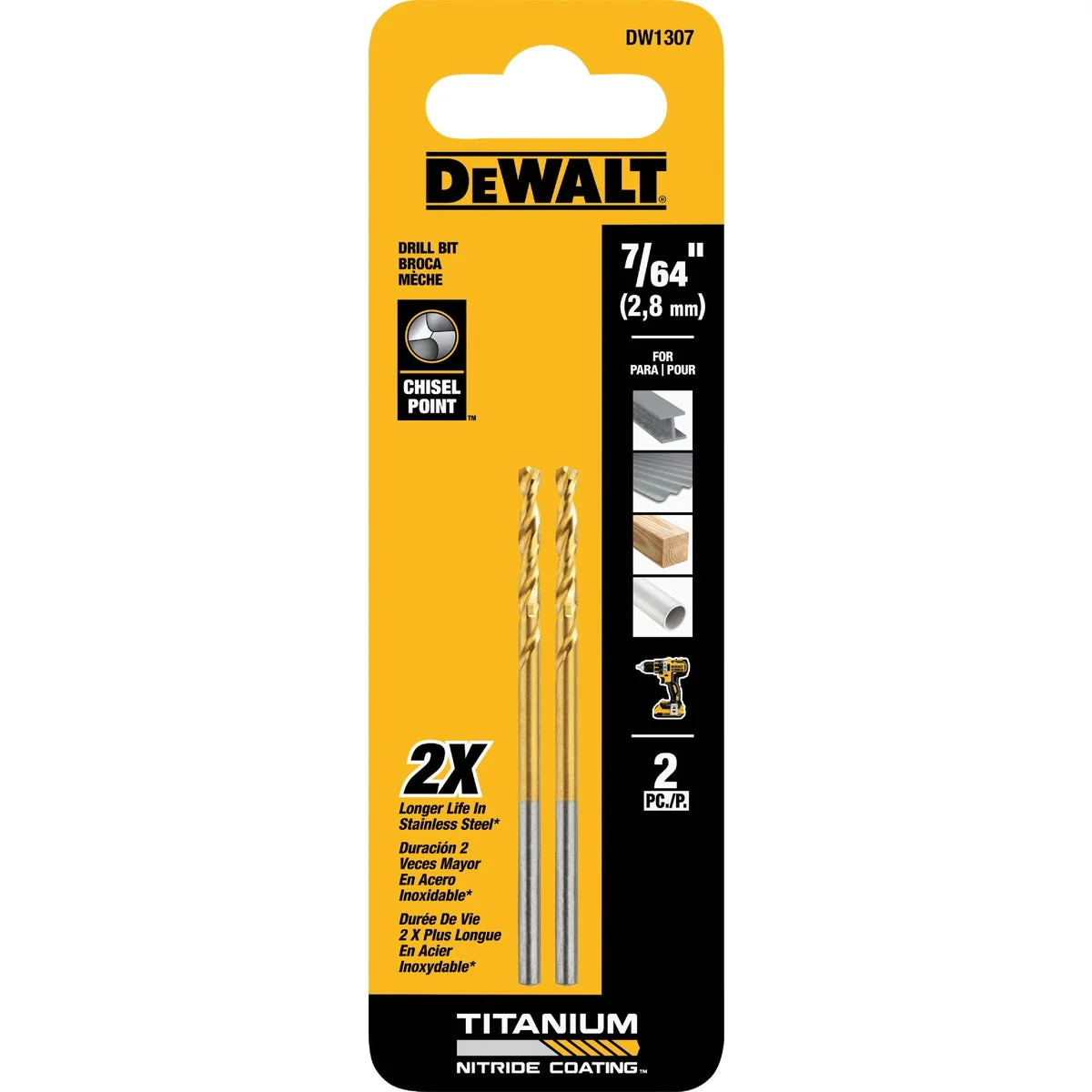 Authentic Dewalt 7 64 In. Titanium Nitride Coated HSS Jobber Length Twist Drill Bit 2-Pack Fine Crafted